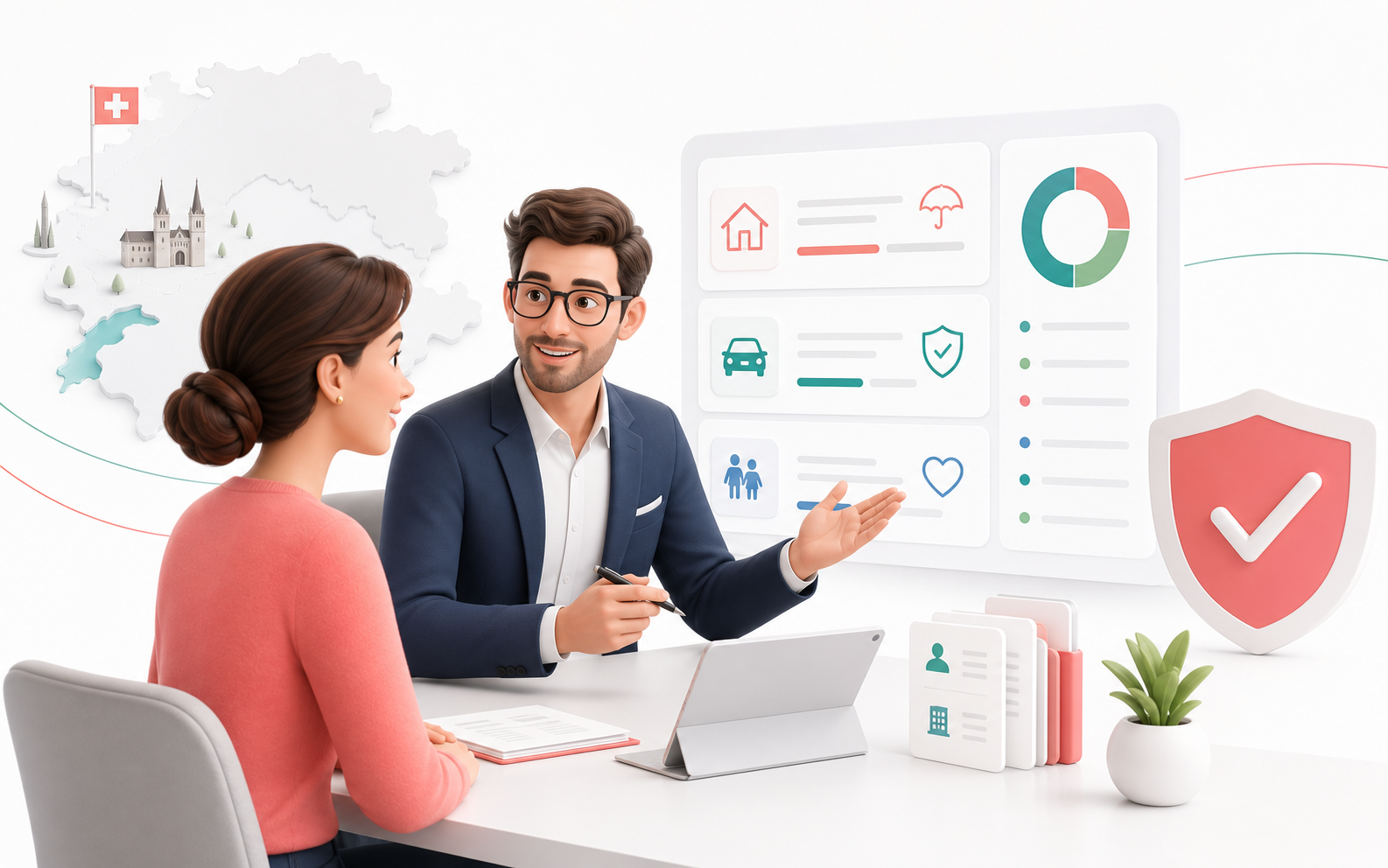 Conseiller en assurance comparant des solutions sur un tableau de bord moderne