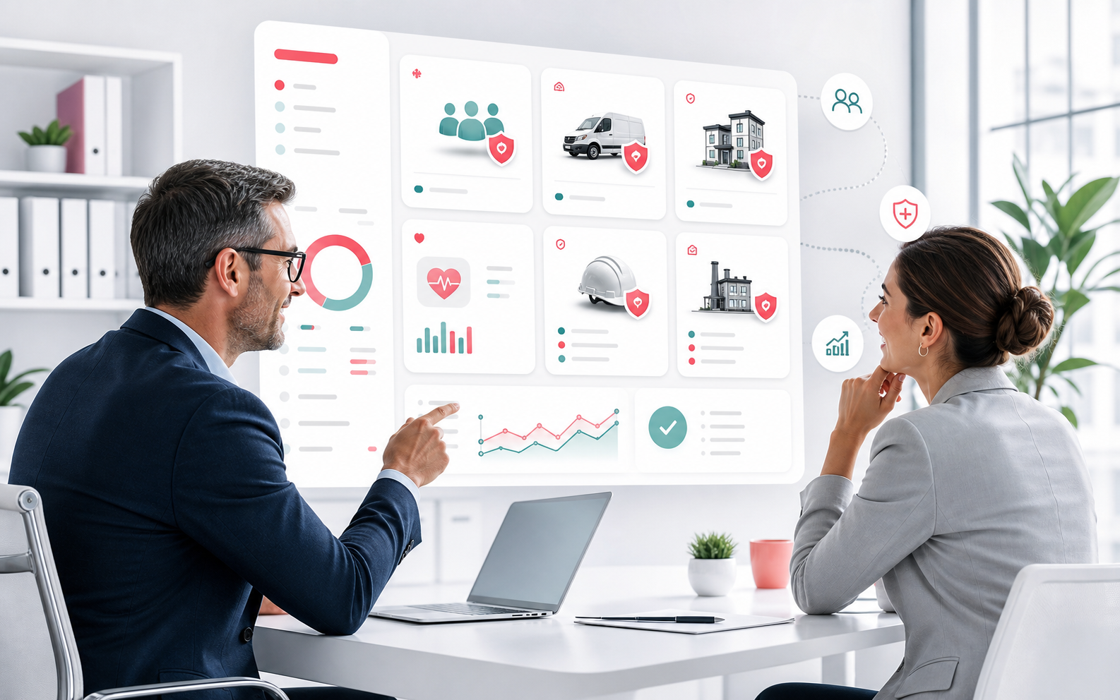 Dirigeant et conseillère analysant les risques assurance d'une entreprise