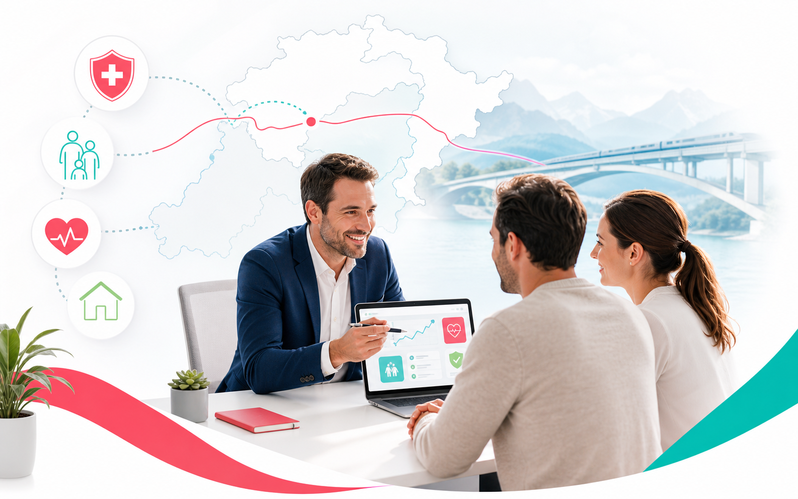 Conseiller expliquant une situation d'assurance pour frontalier entre Suisse et pays voisin