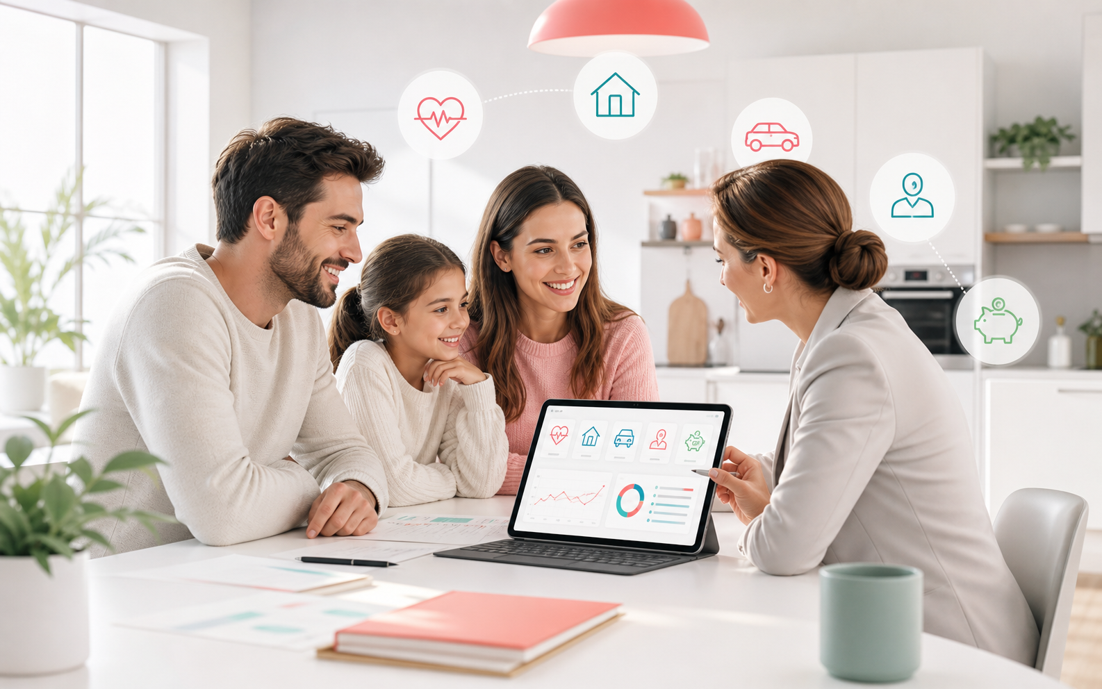 Famille accompagnée par une conseillère pour comparer ses assurances personnelles